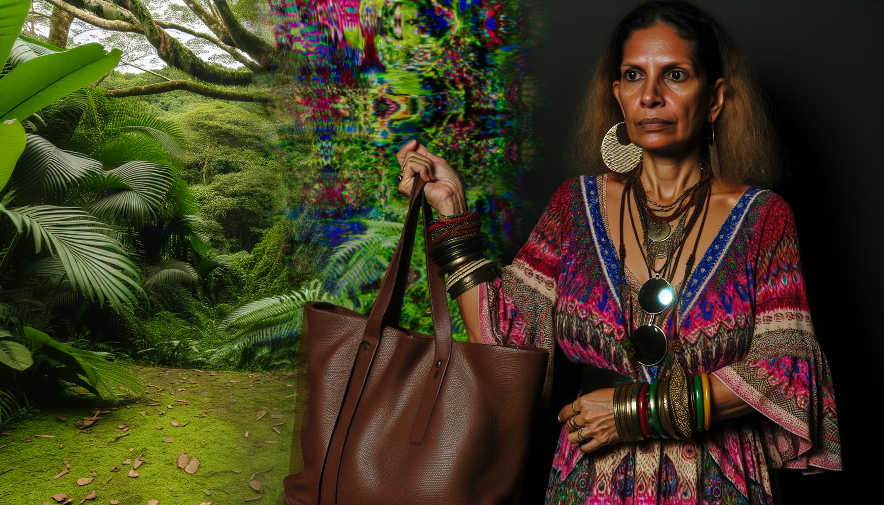 Bohemian flair with a boho dress, accessories, and a tote bag