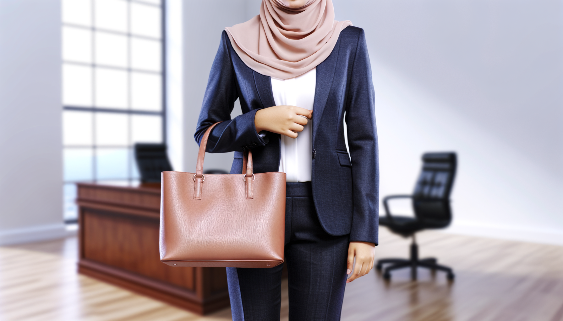 Office ready outfit with a blazer, trousers, and a tote bag
