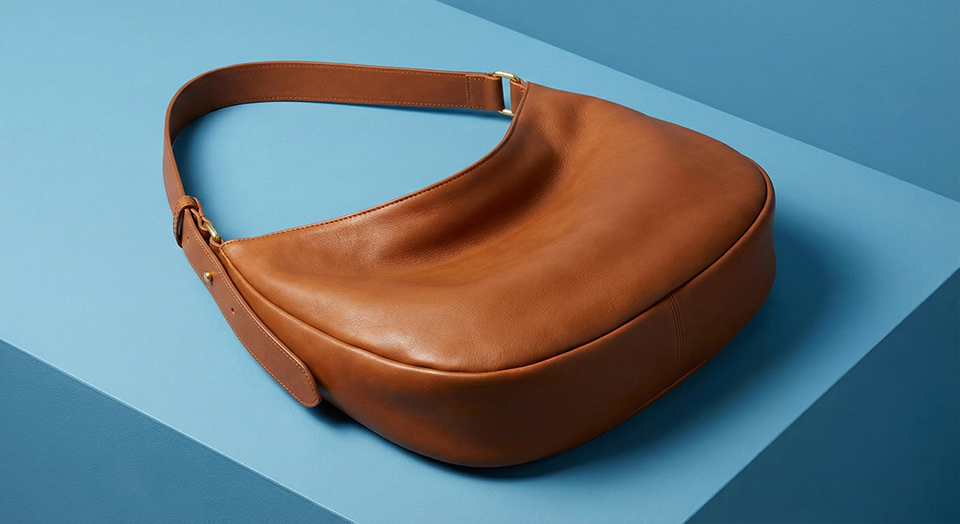 a brown leather hobo bag lying on a blue background - 960 a brown leather hobo bag lying on a blue background - 960