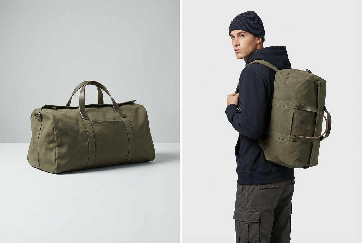 Convertible duffel bag shown as both a holdall and a backpack