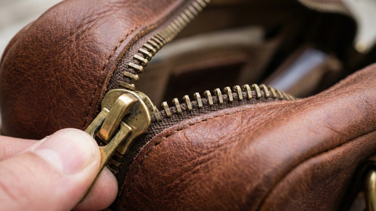 macro-close-up-of-heavy-duty-brass-zipper-hardware-on-a-premium-leather-duffle-bag