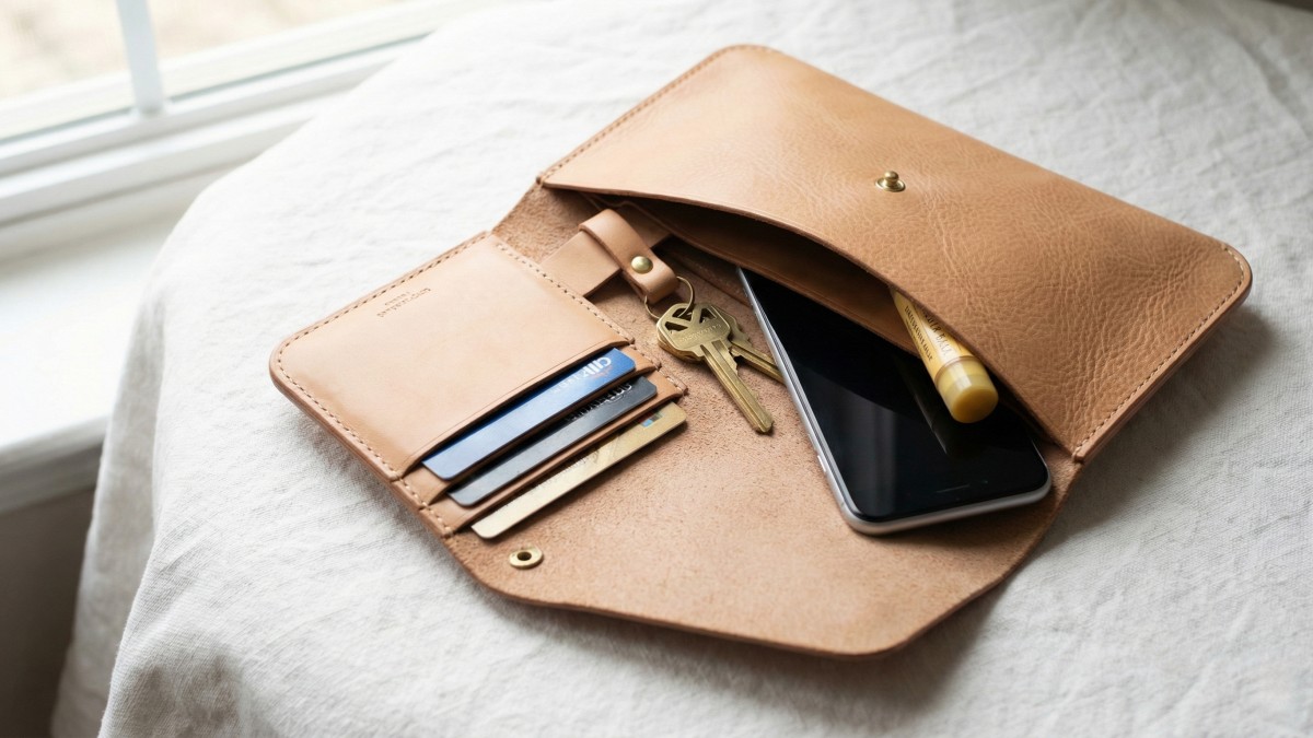 tan leather clutch bag with essentials inside