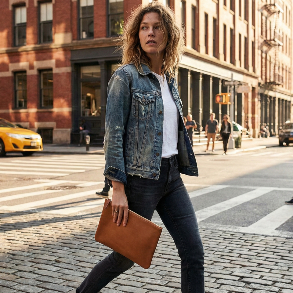 a woman dressed casually with a tan clutch bag