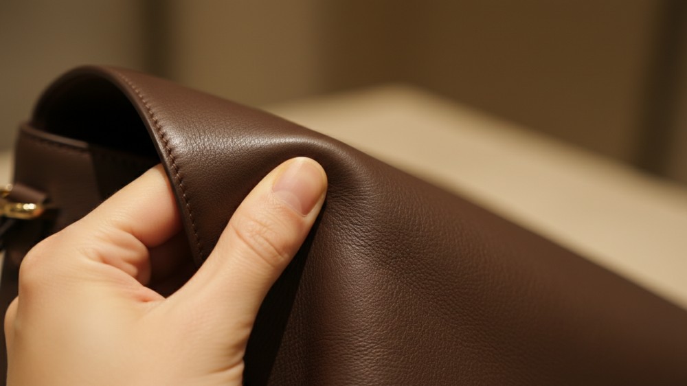 hand-testing-pliability-of-a-dark-brown-soft-leather-handbag