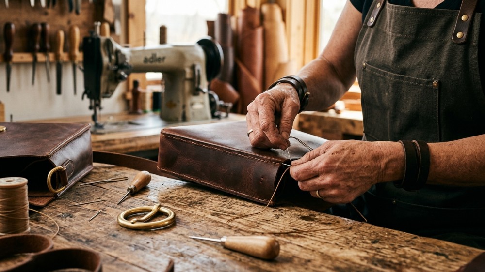 Craftsperson stitching full-grain leather handbag with brass hardware