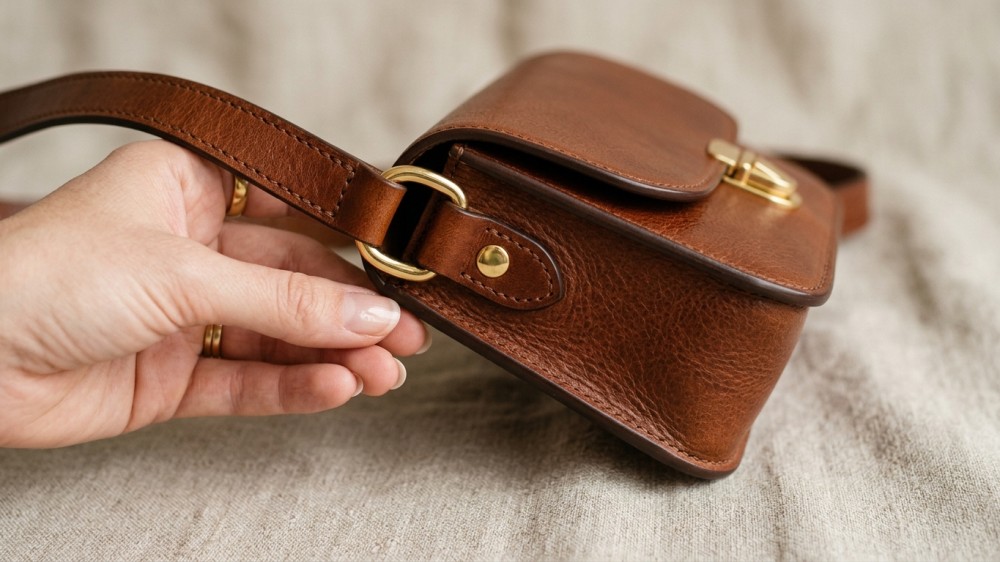 Macro view of brown leather mini crossbody bag showing grain and hardware