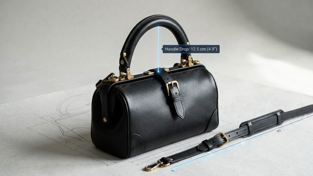 Black leather handbag with arrow measure showing handle drop and strap length