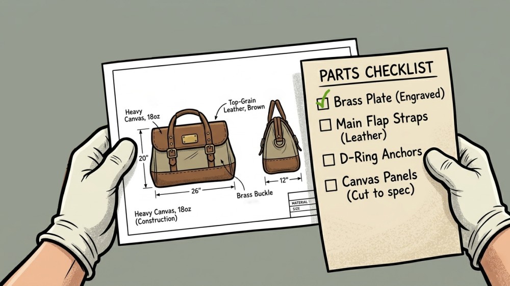 RFQ components laid out with sketches and material notes