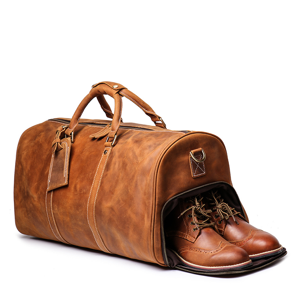 Retro Crazy Horse Leather Duffle Bag with ID Tag-Retro Style