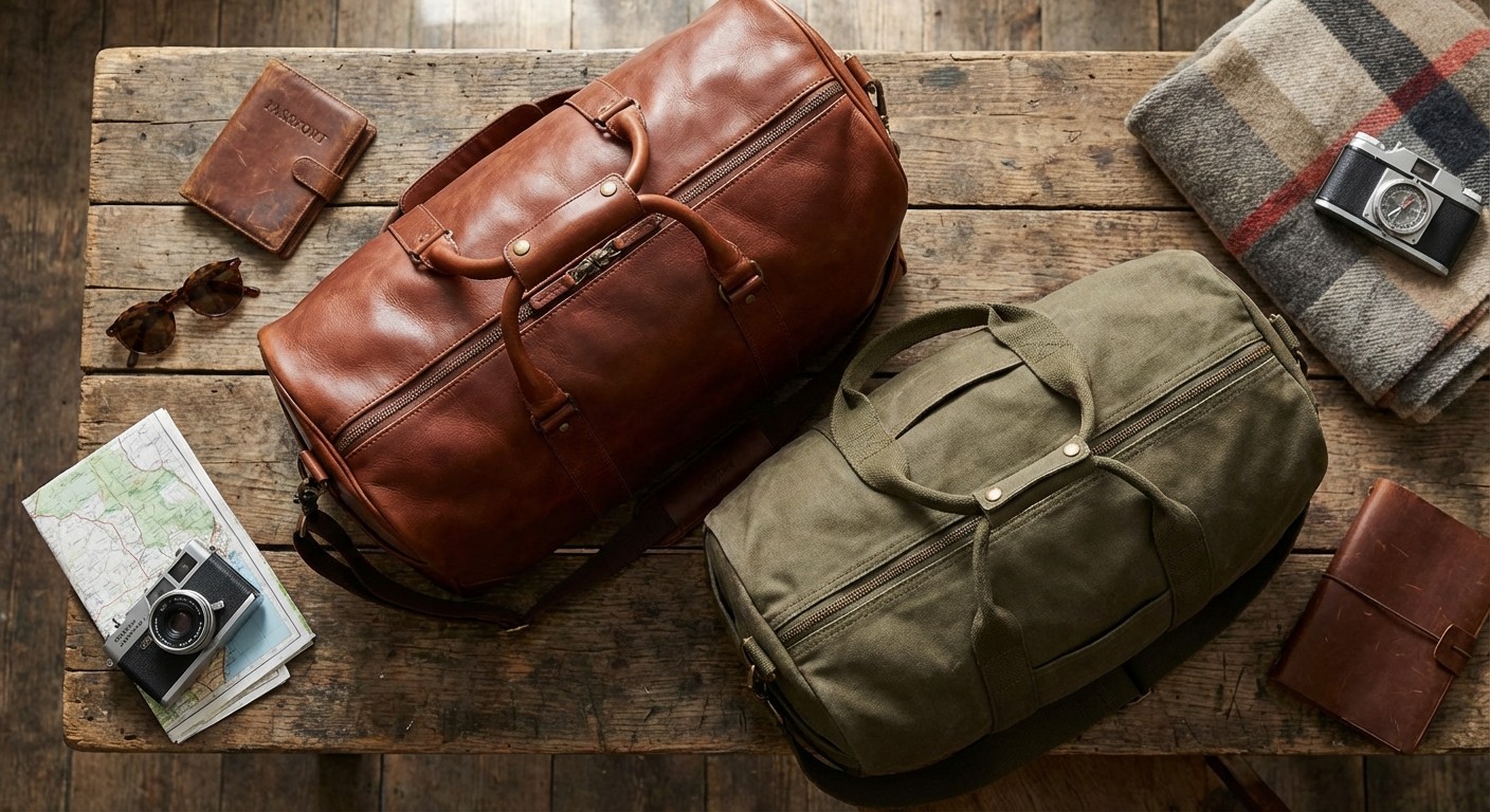 Comparison of a brown leather duffel bag and a green canvas duffel bag