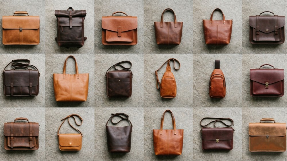 Assorted full-grain leather bags displayed in a grid