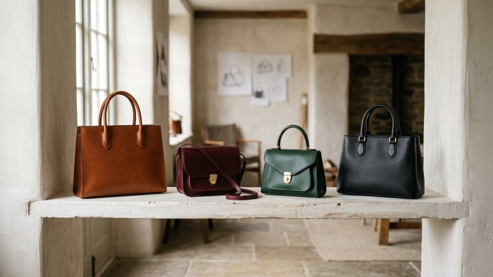 Row of luxury leather handbags in varied shapes and rich colours