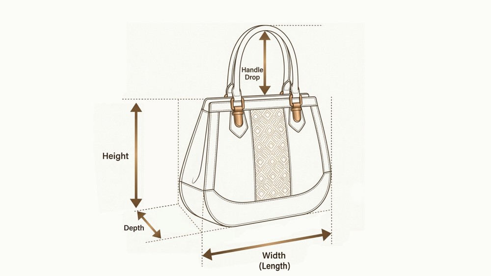 A technical diagram of a handbag showing the standard measurement points for Length, Height, and Depth (WHD)