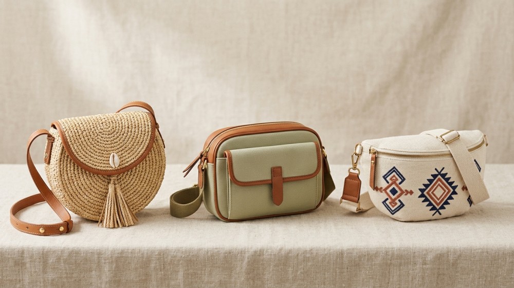 Three summer crossbody bags displayed side by side