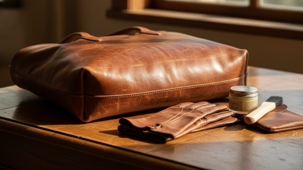 close-up-of-a-well-preserved-leather-tote-bag-with-care-accessories