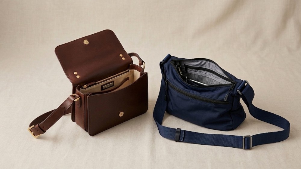Leather and nylon crossbody bags side by side