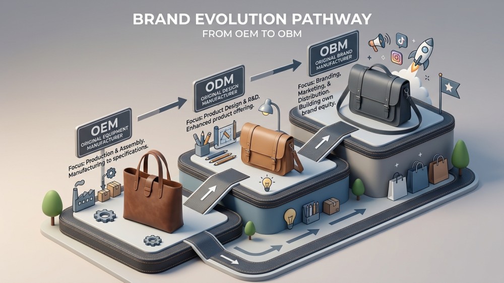 Isometric diagram of OEM to OBM brand evolution