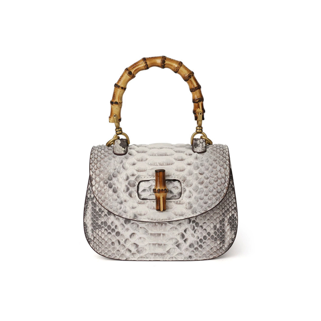 Luxury Python Leather Women's Top Handbag With Bamboo Handle