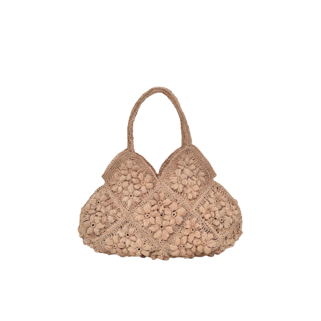 Women's Handmade Raffia Braided Tote Bag with Floral Decorations