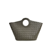 Women's Round Handle Genuine Leather Woven Basket Tote Bag