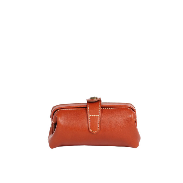Mini Genuine Leather Cowhide Clutch with Hinge Frame and Buckle