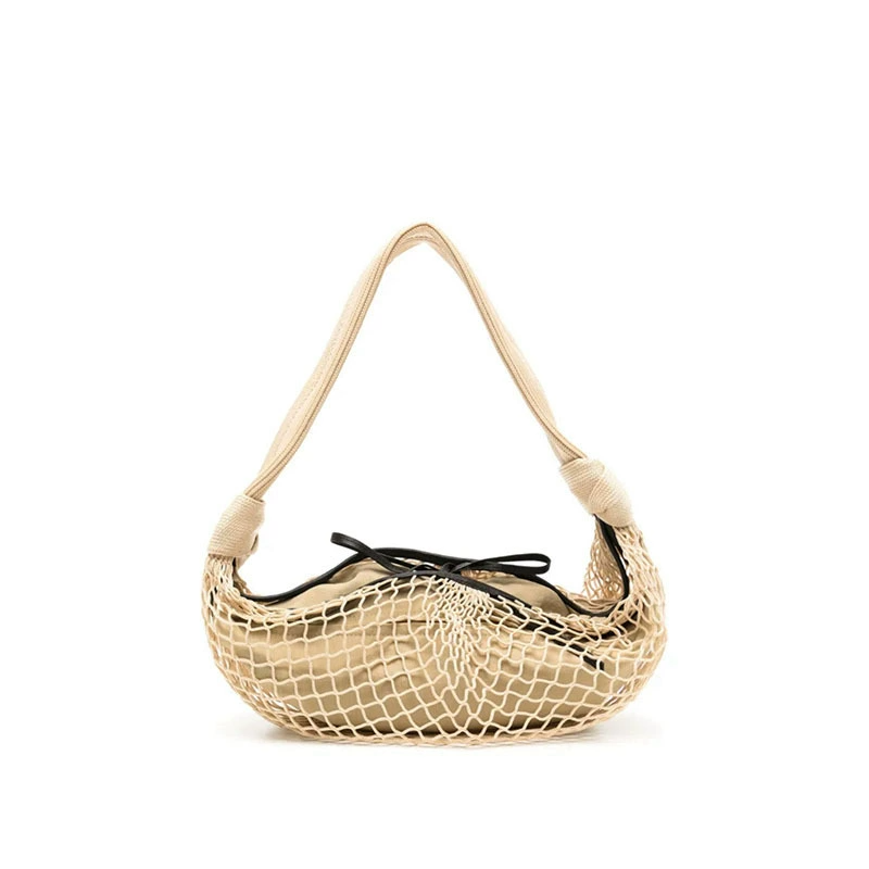 Casual Crescent-Shaped Genuine Leather Crossbody Bag with Woven Net Overlay-Relaxed Crescent Silhouette