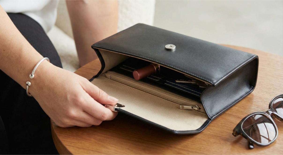 a women showing her clutch bags compartment