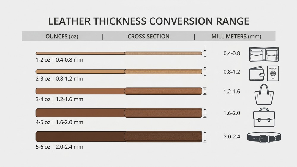 Minimal chart showing ounce‑to‑millimeter leather thickness ranges