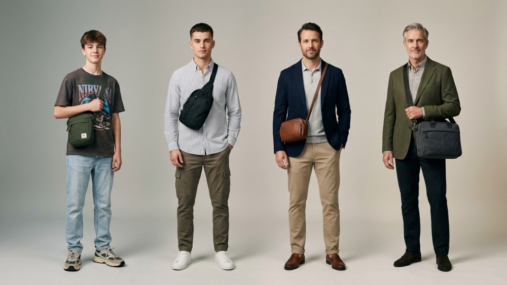 Men of different ages wearing age‑appropriate crossbody bags