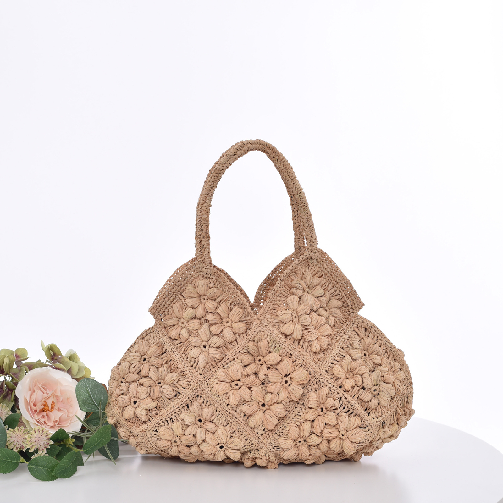 Handcrafted Raffia Tote Bag with Floral Accents 8