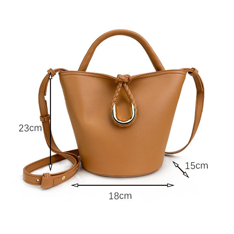Woven Knot Metal Accent Bucket Crossbody Bag-Bag Size