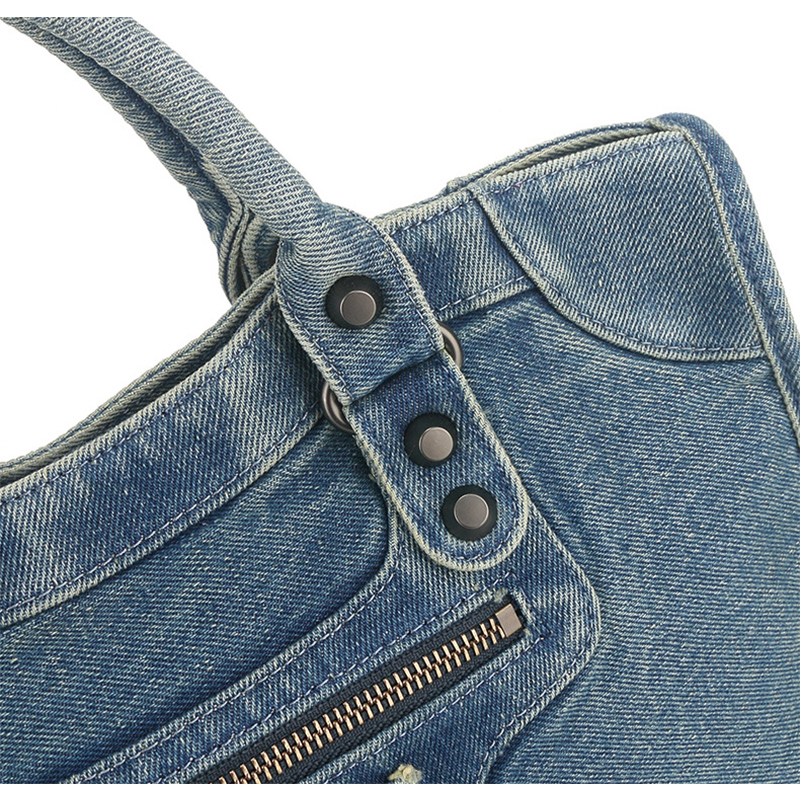Washed & Distressed Biker-Style Denim Bag-Exquisite Stitching