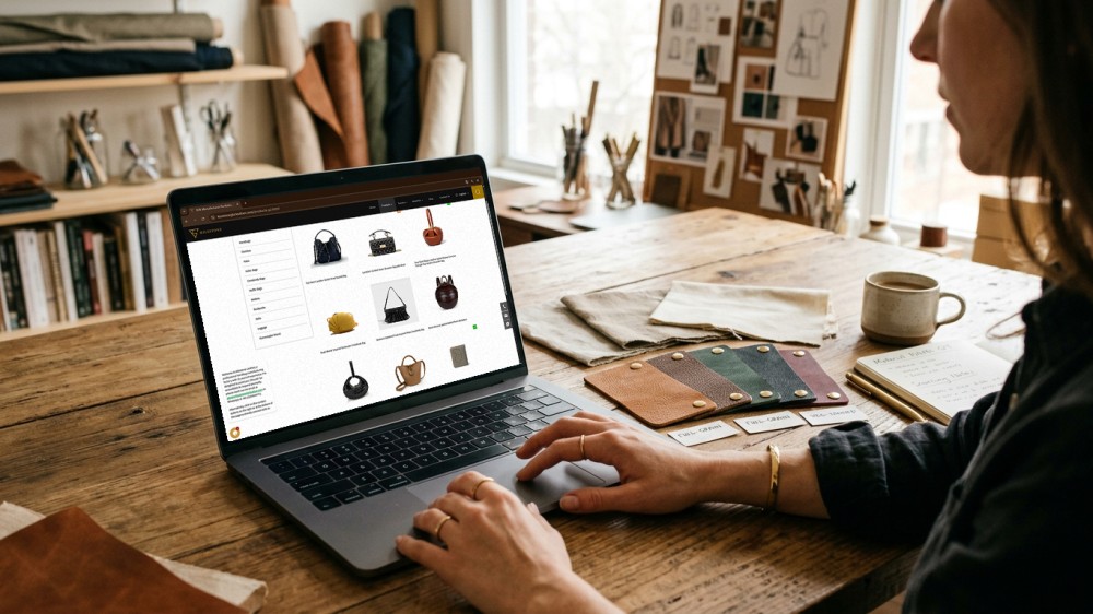 Designer researching handbag manufacturers online