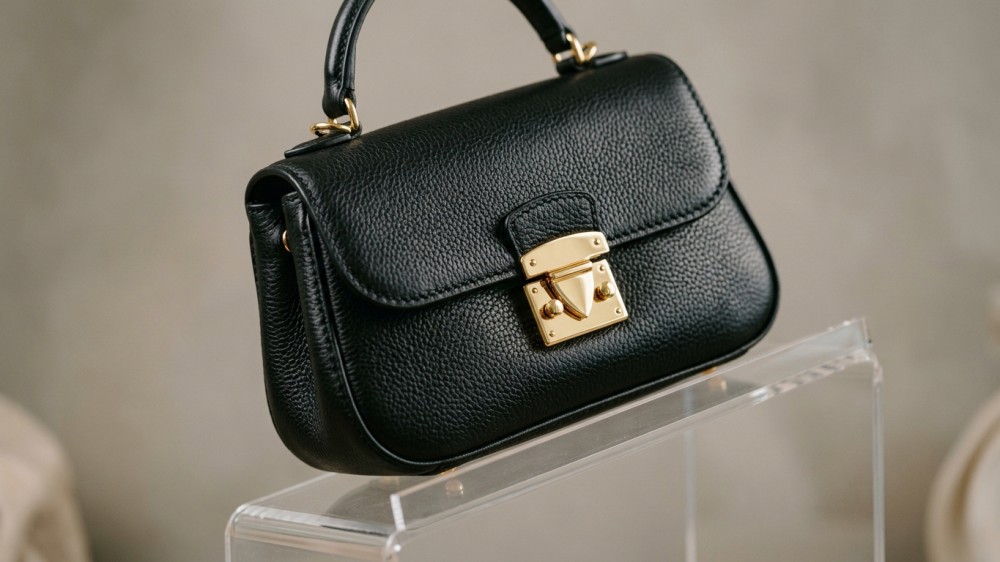 Macro detail of black leather purse texture