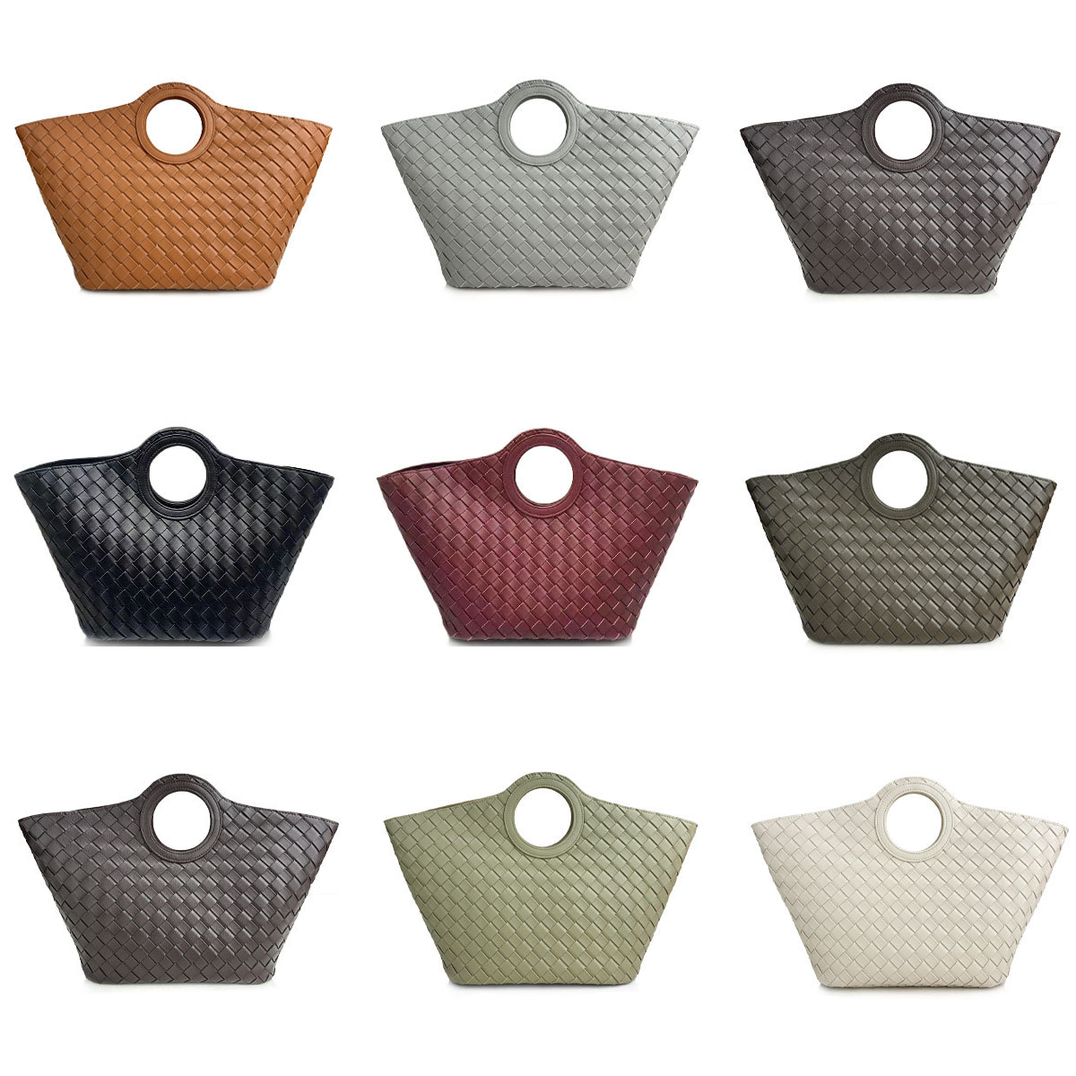 Women's Round Handle Genuine Leather Woven Basket Tote Bag-Multiple Color Options 