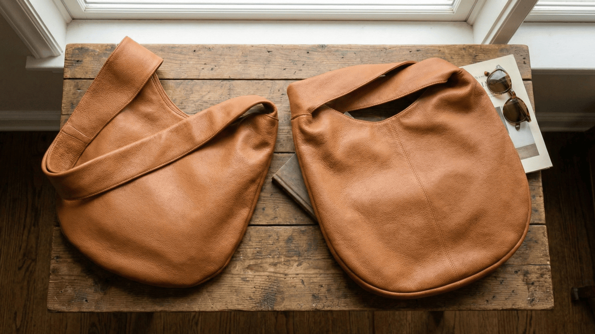 two brown hobo bags on the table