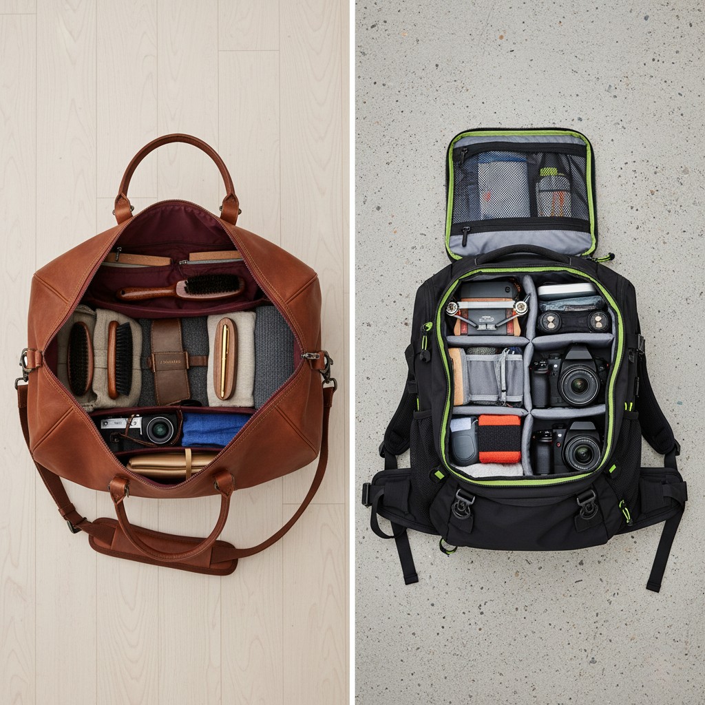 Top-down view comparing packing organization inside a duffel bag versus a backpack.