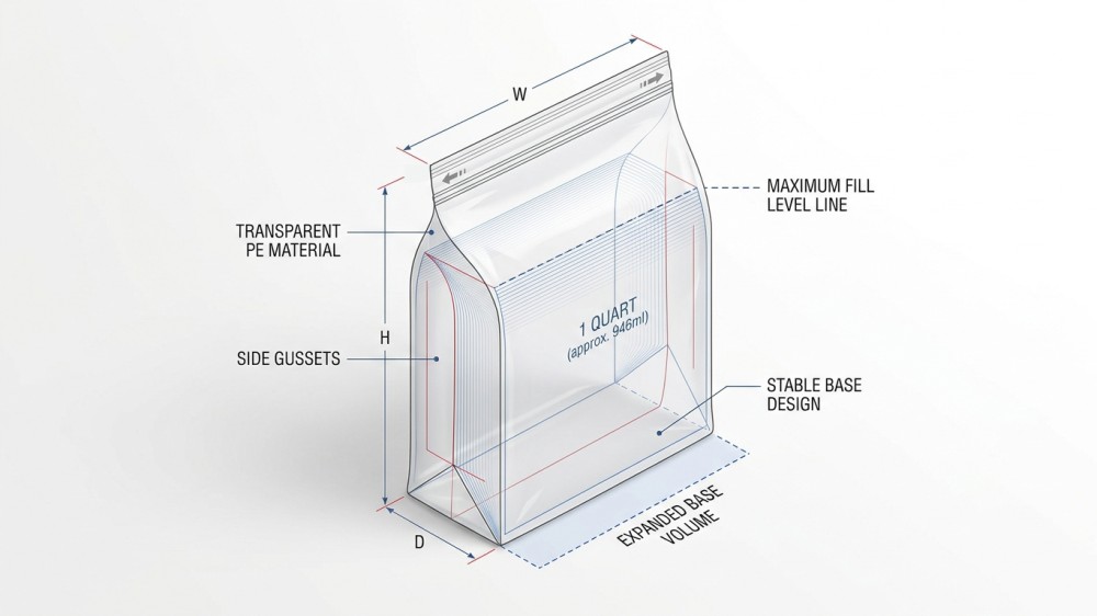 Isometric render of gusseted quart bag volume