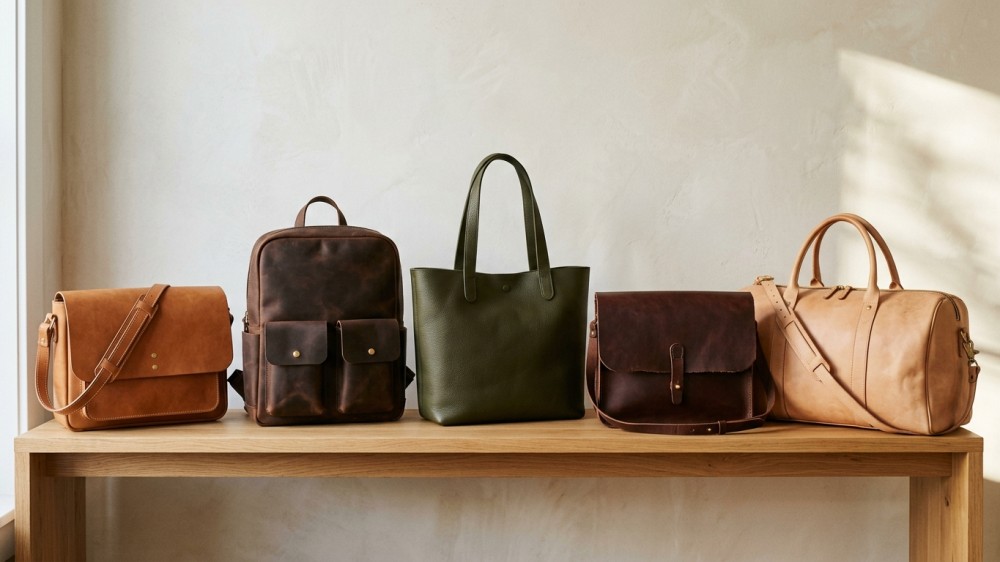 Assorted premium leather bags on shelf