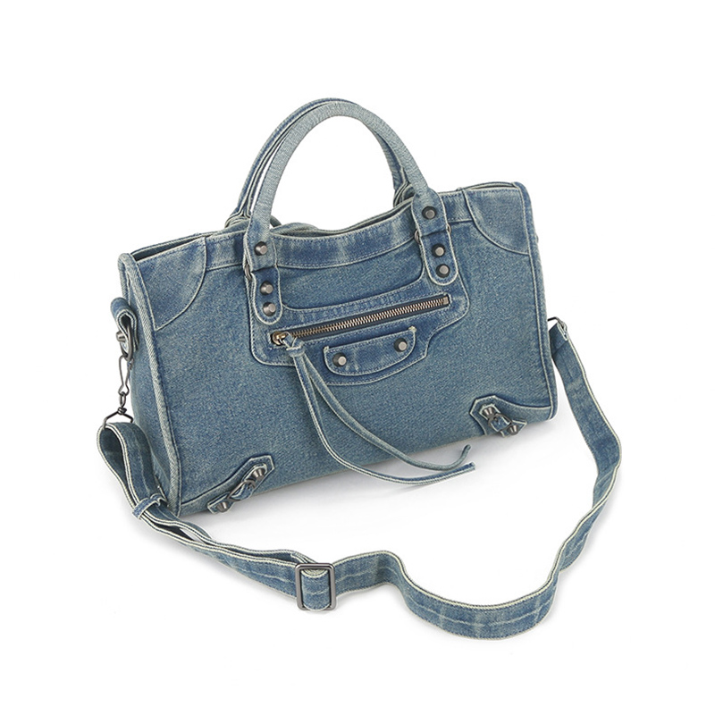 Washed & Distressed Biker-Style Denim Bag-Distressed Finish