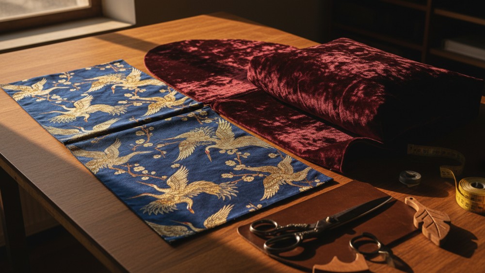 silk-jacquard-and-velvet-handbag-panels-on-table