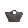 Women's Round Handle Genuine Leather Woven Basket Tote Bag