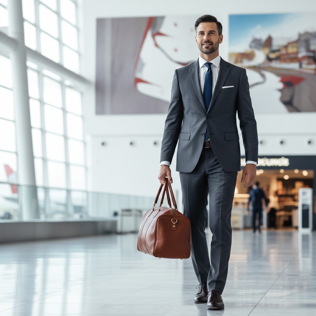 Businessman carrying a premium leather duffel bag in an airport.