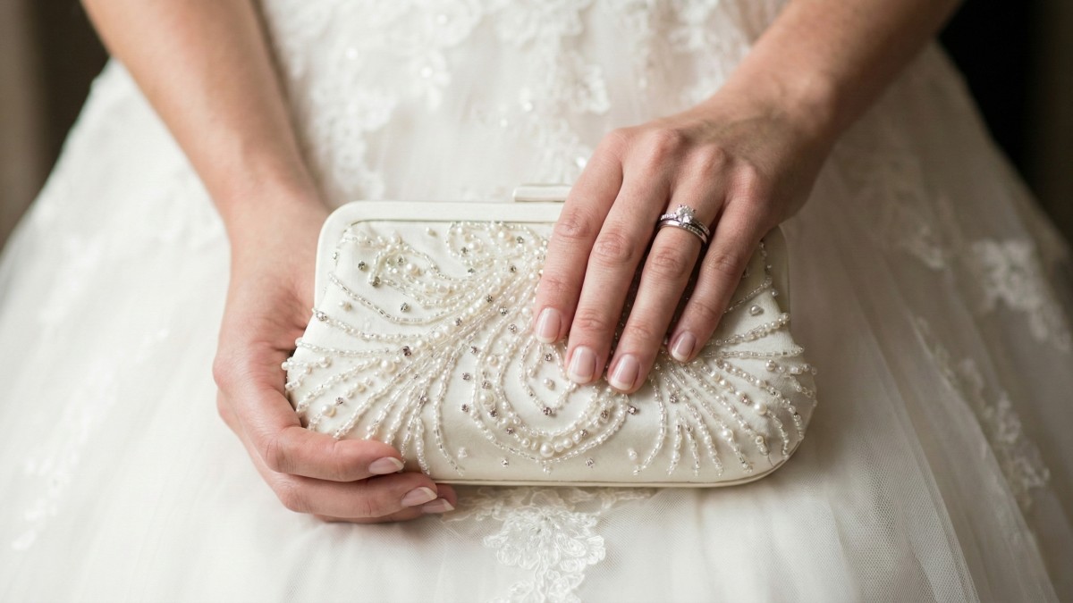 white bridal clutch bag with diamonds