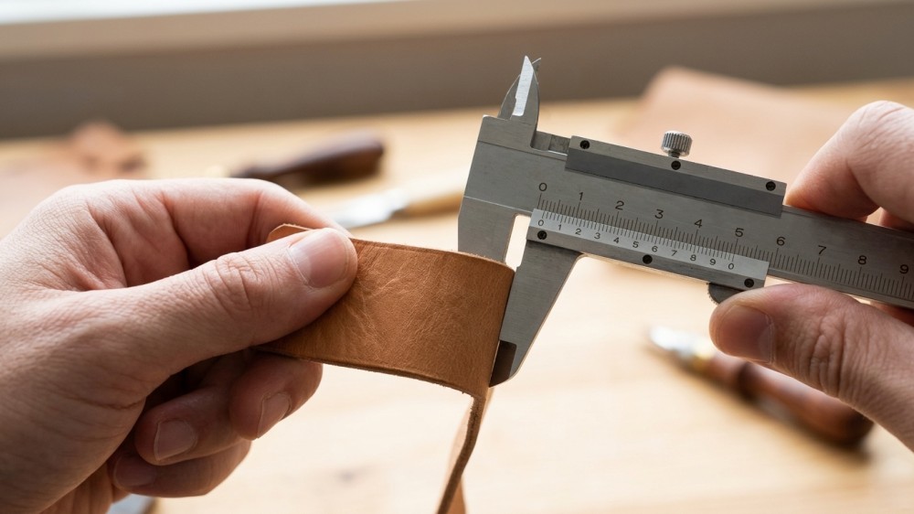 Caliper measuring leather edge thickness