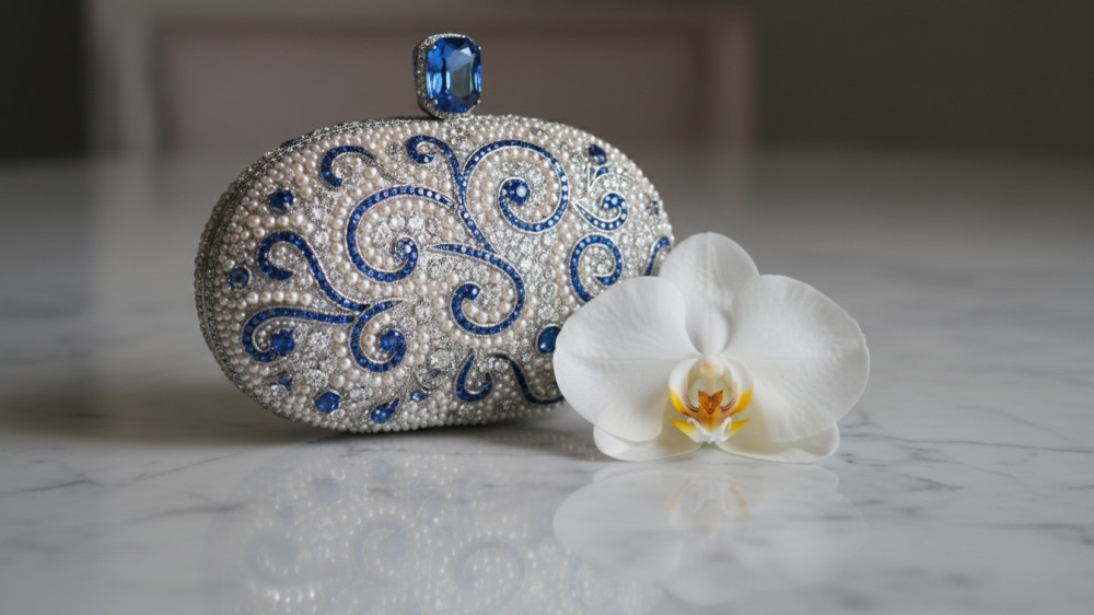 jewel-encrusted-minaudi&egrave;re-clutch-on-polished-marble-with-orchid