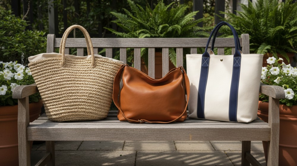 straw-leather-and-canvas-handbags-on-a-bench