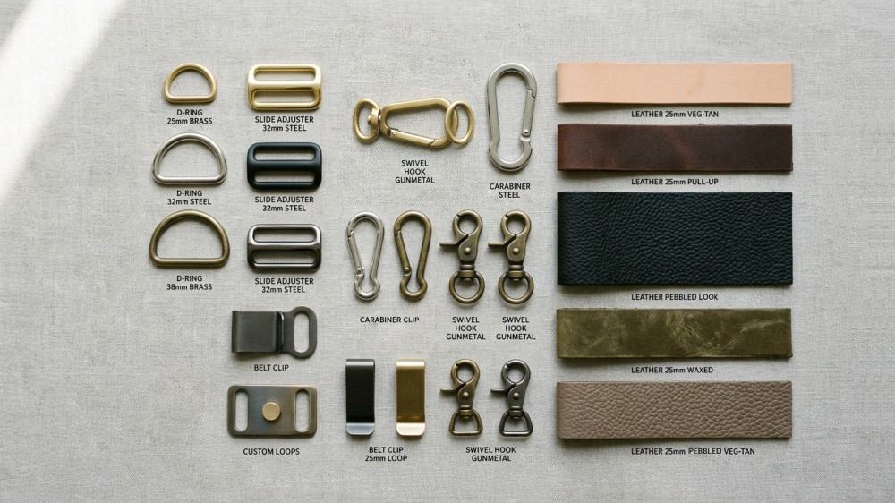 metal-backpack-hardware-displayed-with-leather-strap-samples