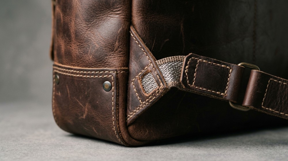 Close-up of reinforced leather strap and panel