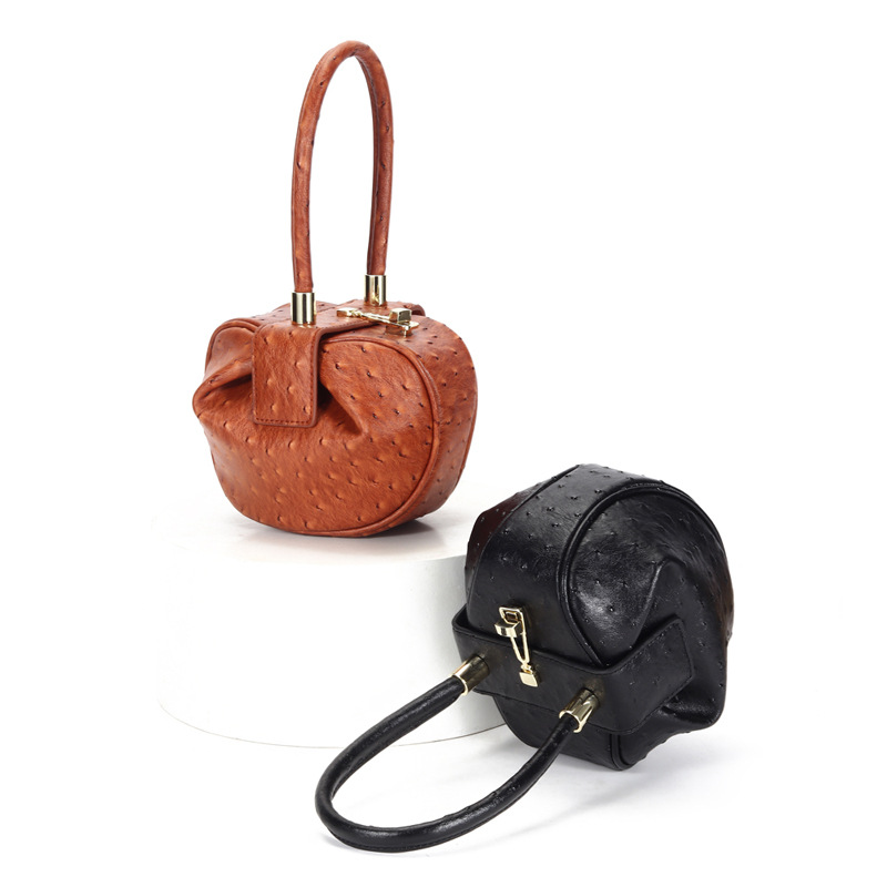 Dual Sizes Nappa Leather Apple-Shaped Concave Triangle Top Handle Shoulder Bag-Ostrich Grain Available
